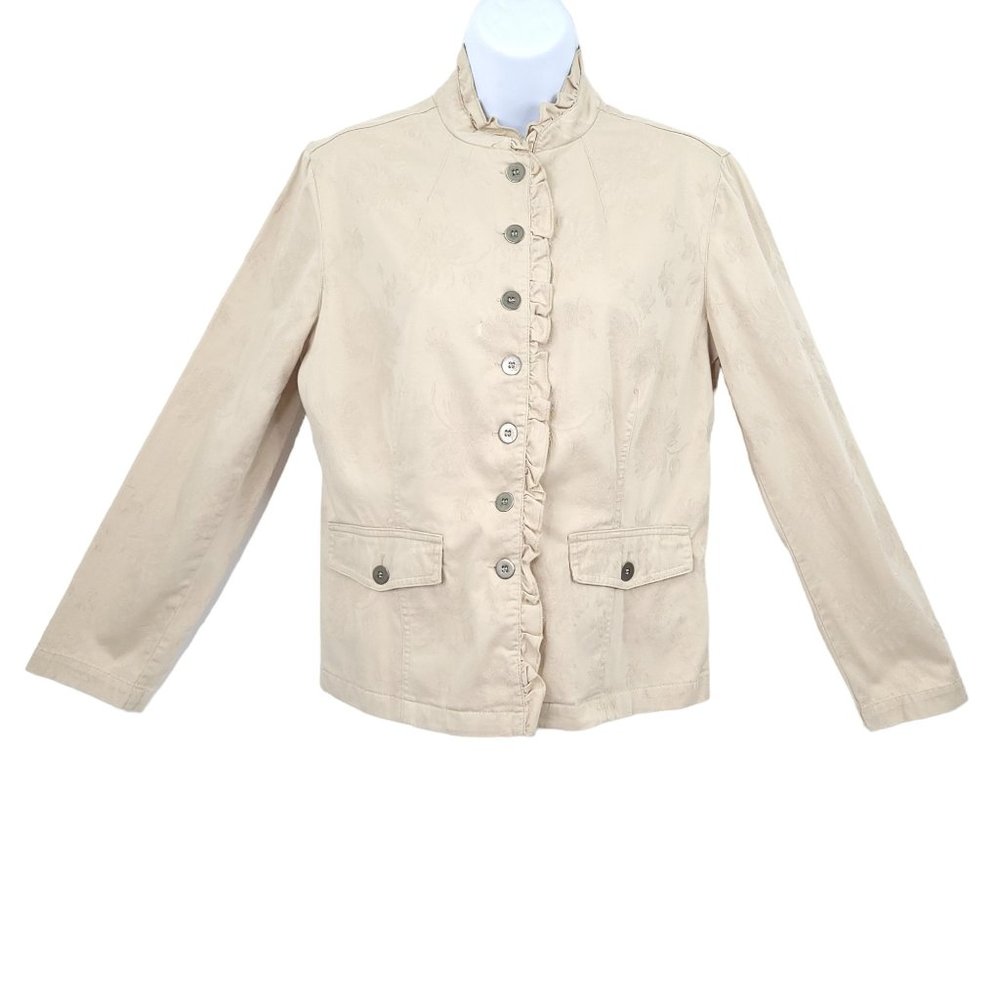 Chicos Ruffled Collar Front Button Jacket Womens Size 0 US 4 Tan